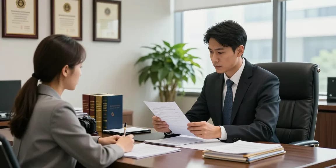 Check here for a professional legal consultation scene showing a lawyer assisting a client in a modern law office.