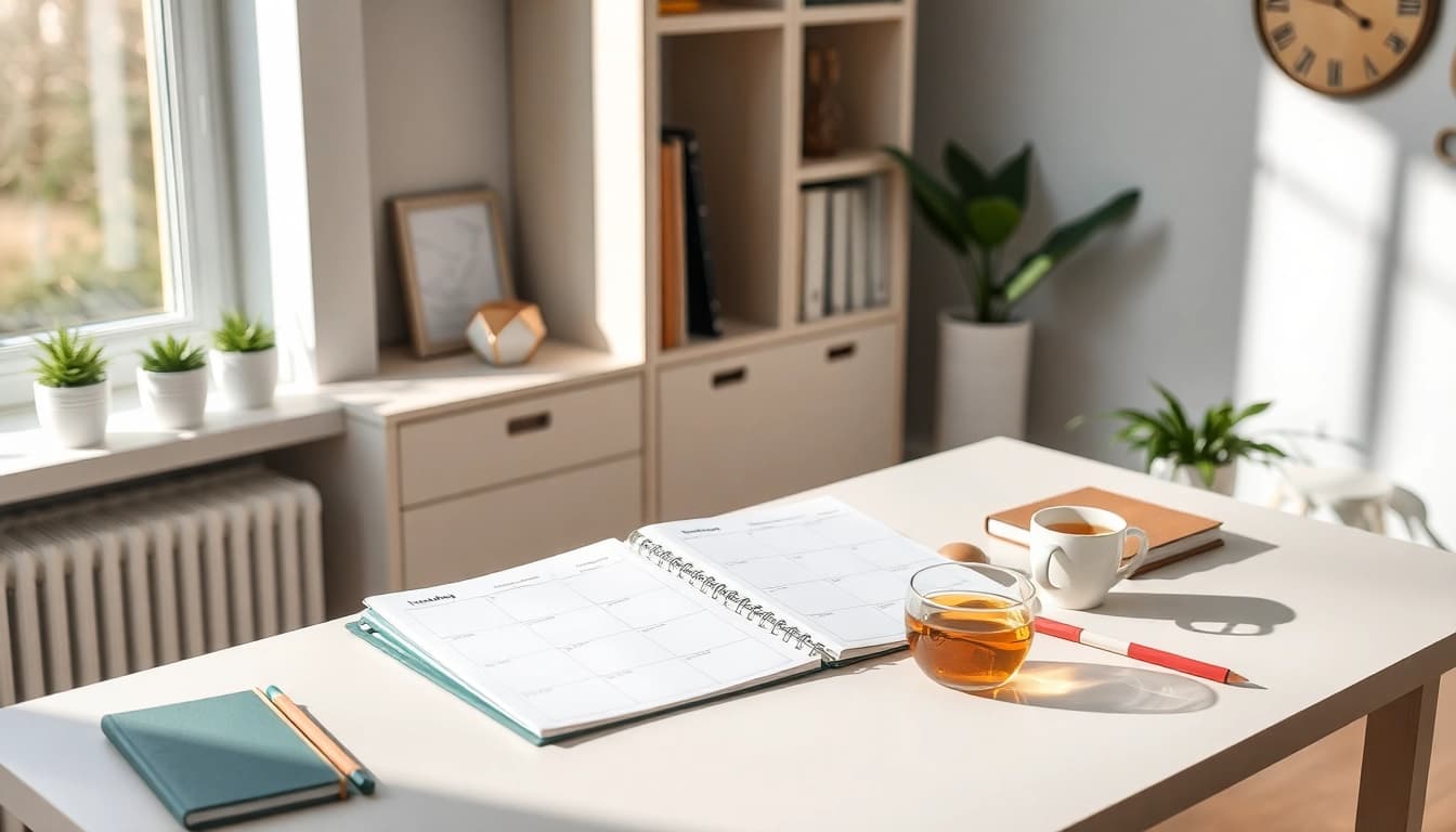 Effortless Daily Organization illustrated in a serene home office, showcasing a planner and organized workspace.