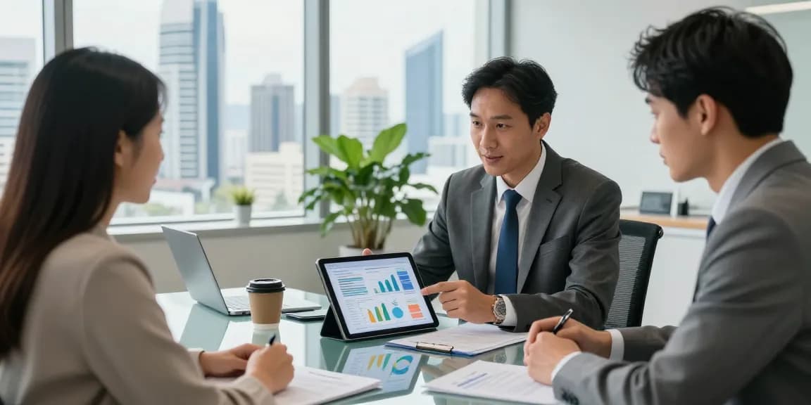 Financial consultation in a modern office with Gold Coast Queensland Australia skyline.