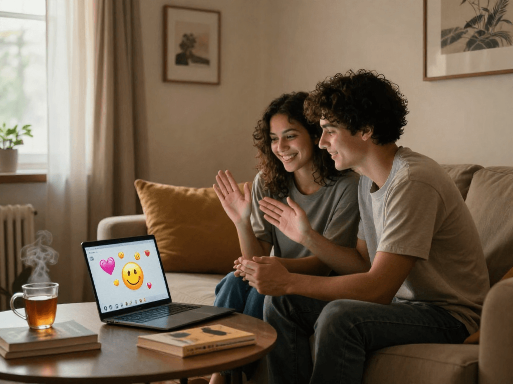 A cozy living room scene featuring a couple enjoying a sex chat via video call with playful emojis, capturing a relaxed and intimate atmosphere.
