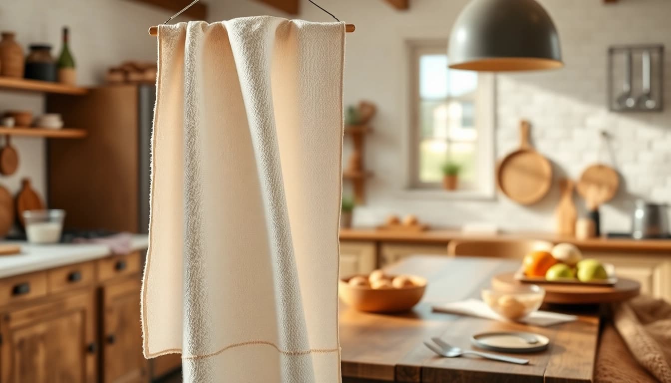 Koop passeerdoek per meter in de keuken met een mooie textuur op een houten rek.