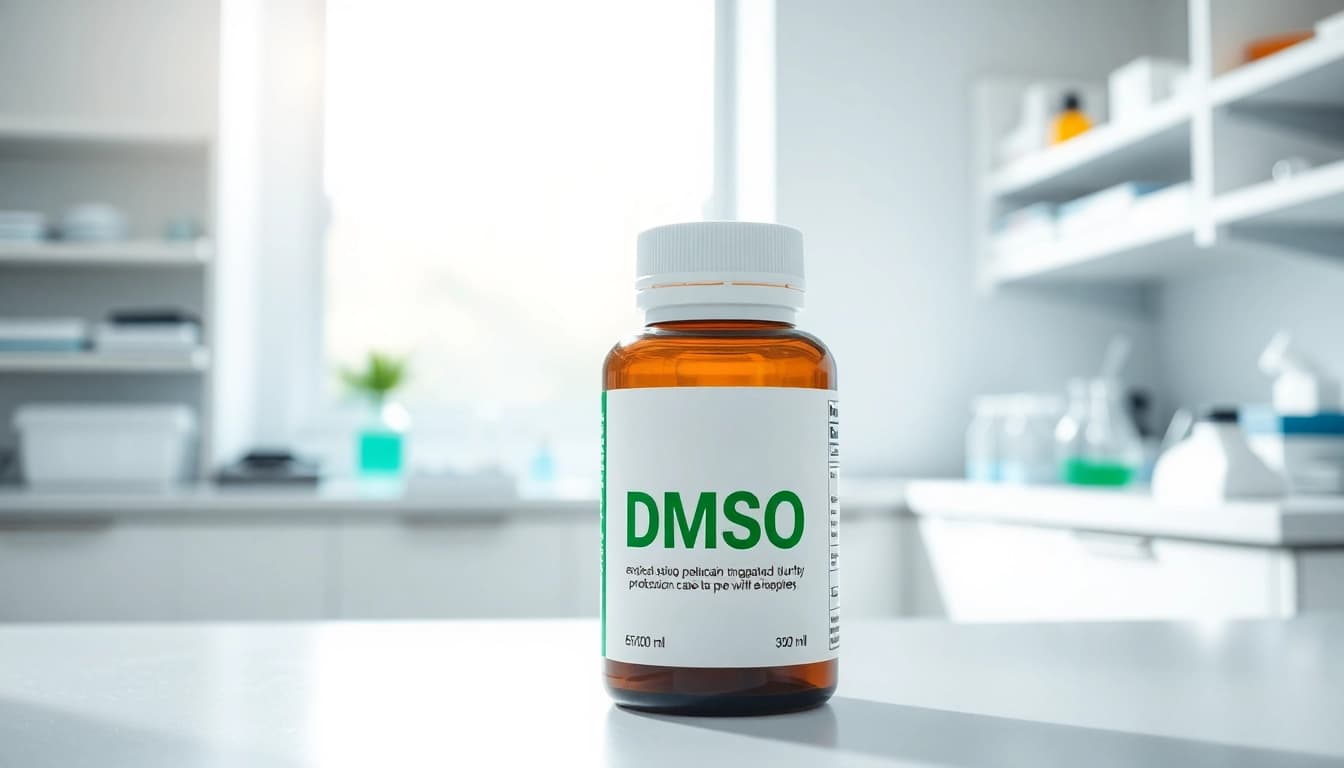 Highlighting dmso supplement in a lab setting, showcasing health benefits and professional ambiance.