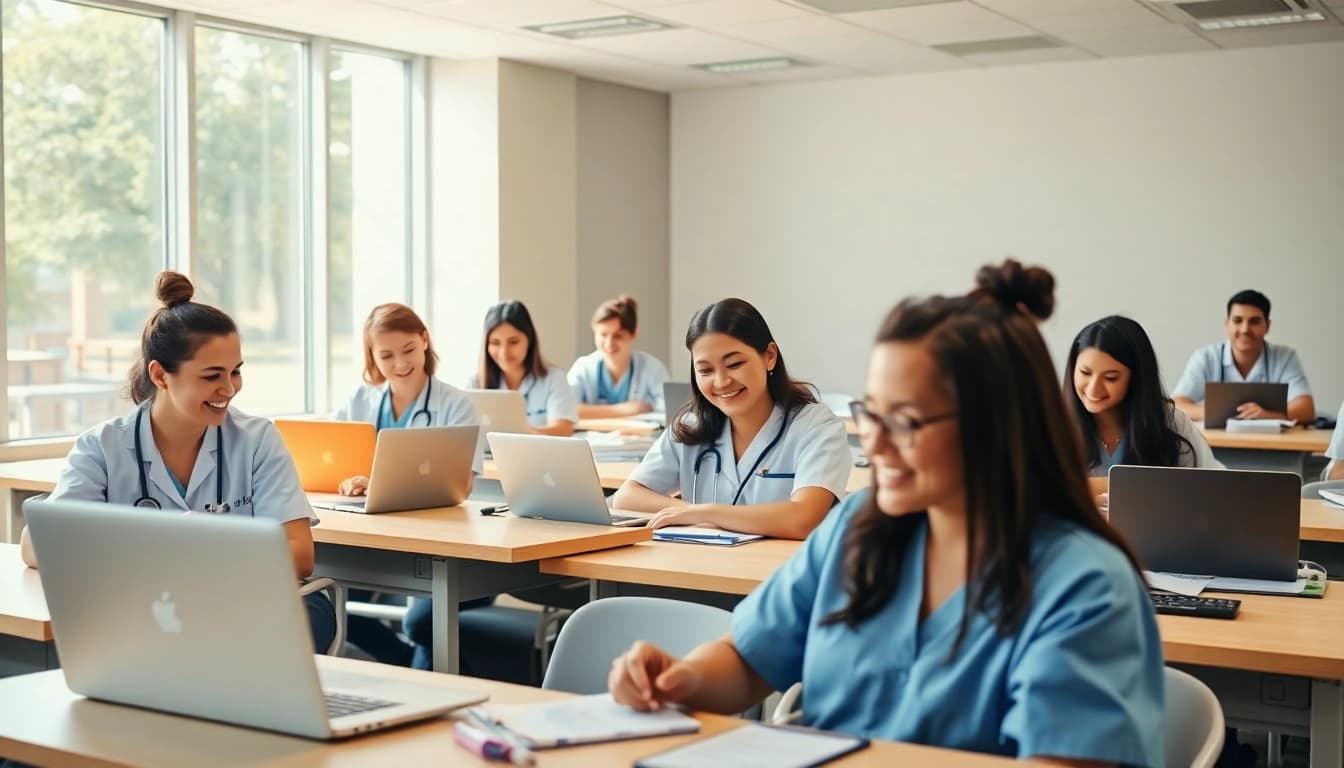 Group of nursing students in the Houston Trusted NClex review center studying collaboratively, focusing on NCLEX materials.
