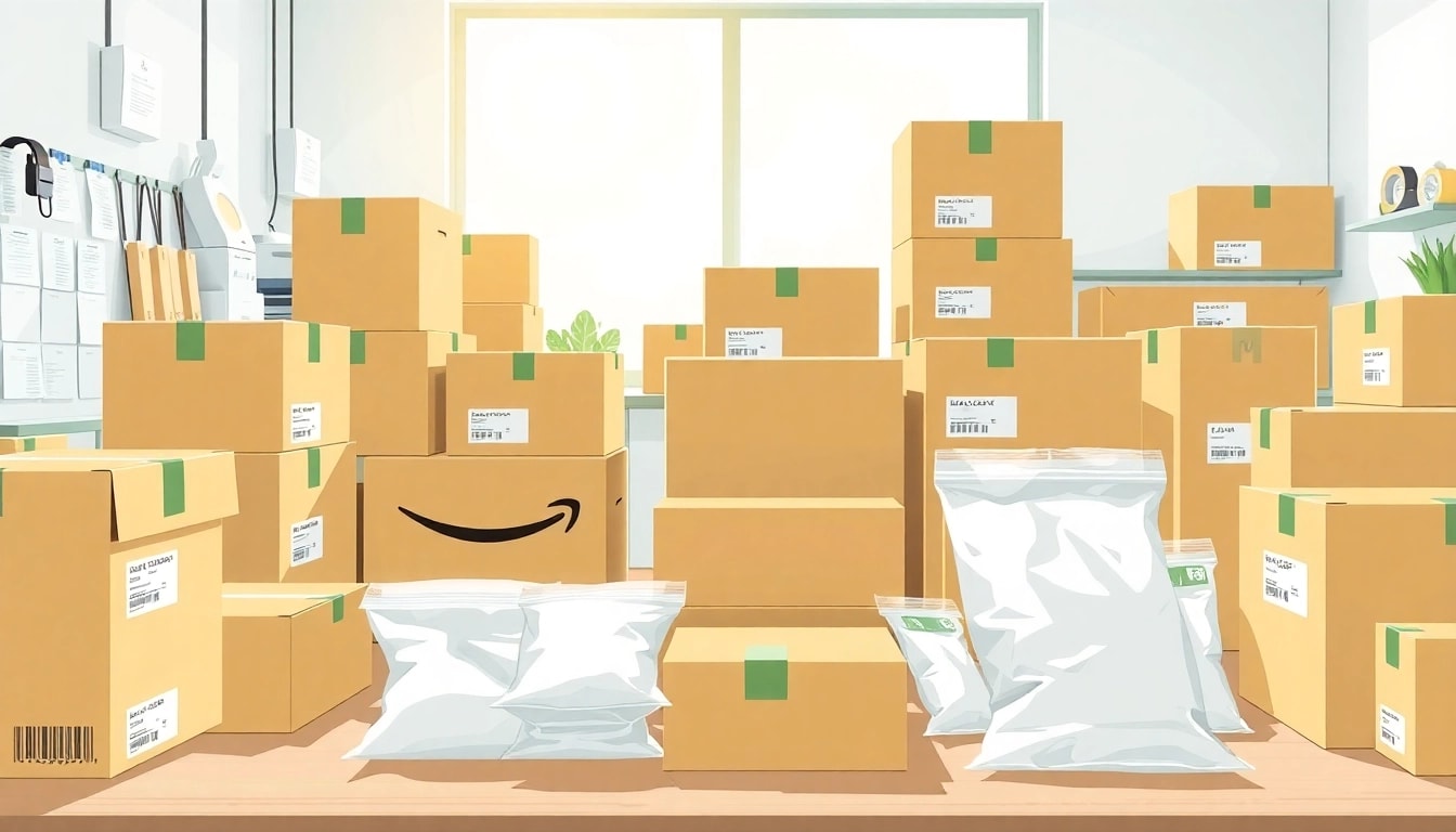 Packing materials and setup for Amazon FBA Packaging in a bright workspace.