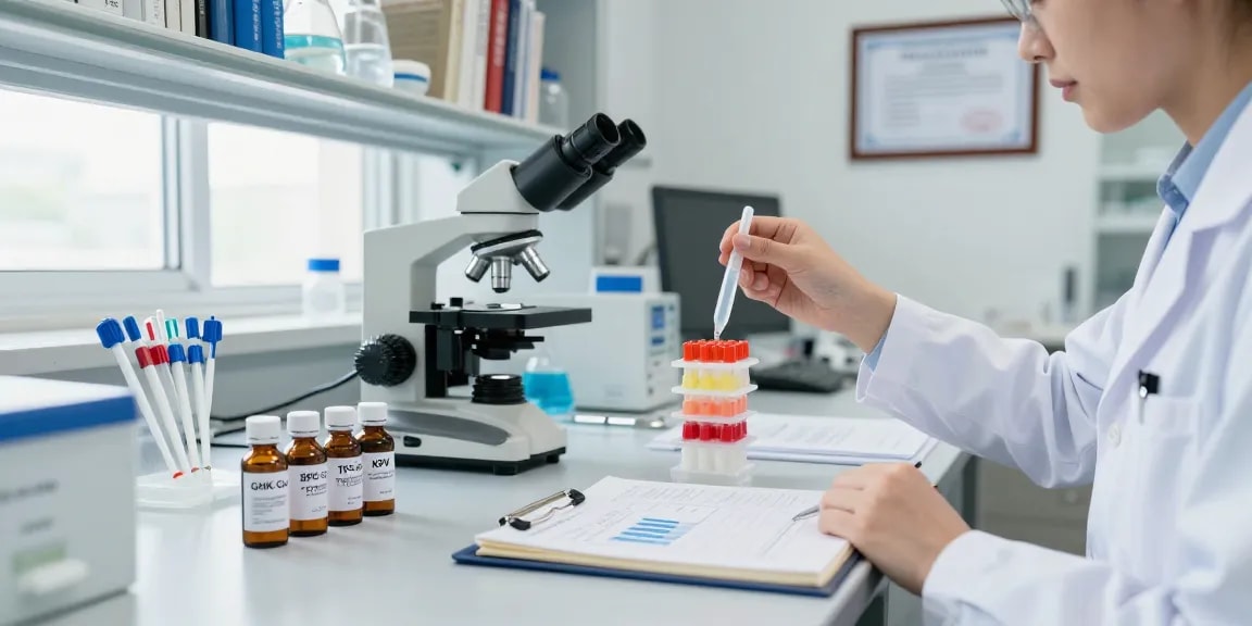 Scientist analyzing a four-peptide research stack in a laboratory setting, highlighting quality and precision.