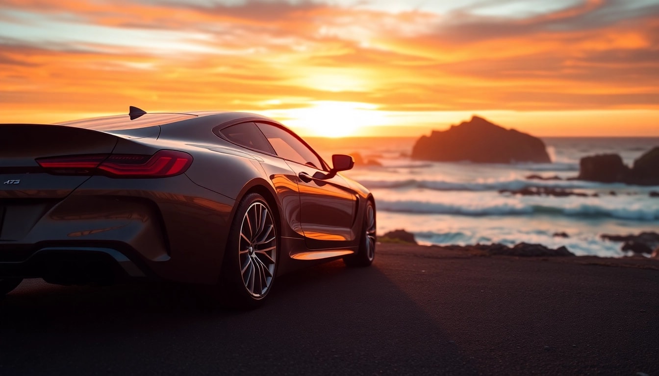 Captivating Luxury BMW car showcased on a scenic coastal road during sunset.