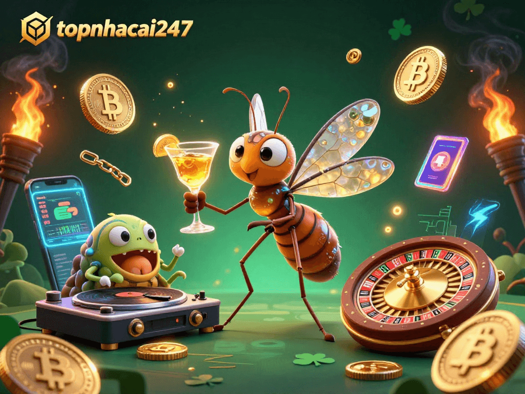 Engage with topnhacai247's vibrant casino scene featuring animated characters and crypto elements