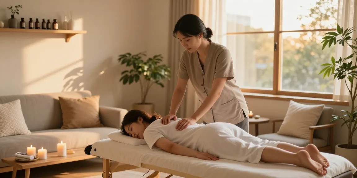 송파출장안마 professional massage setup in a serene home environment with warm lighting and calming elements.