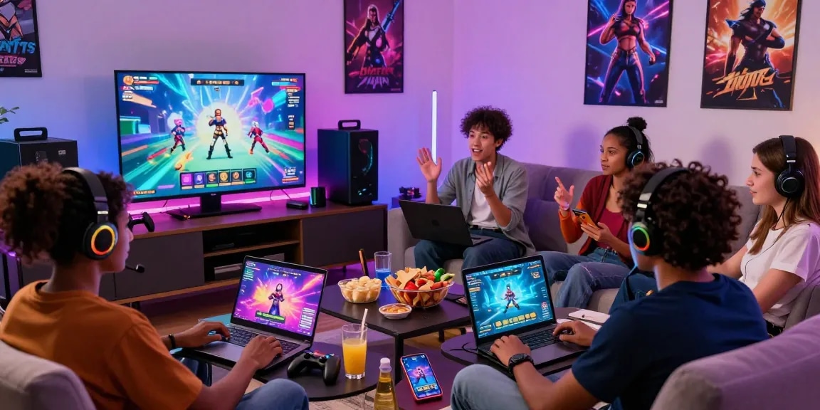 Engaged friends playing a porn game together on multiple devices in a lively gaming setup.