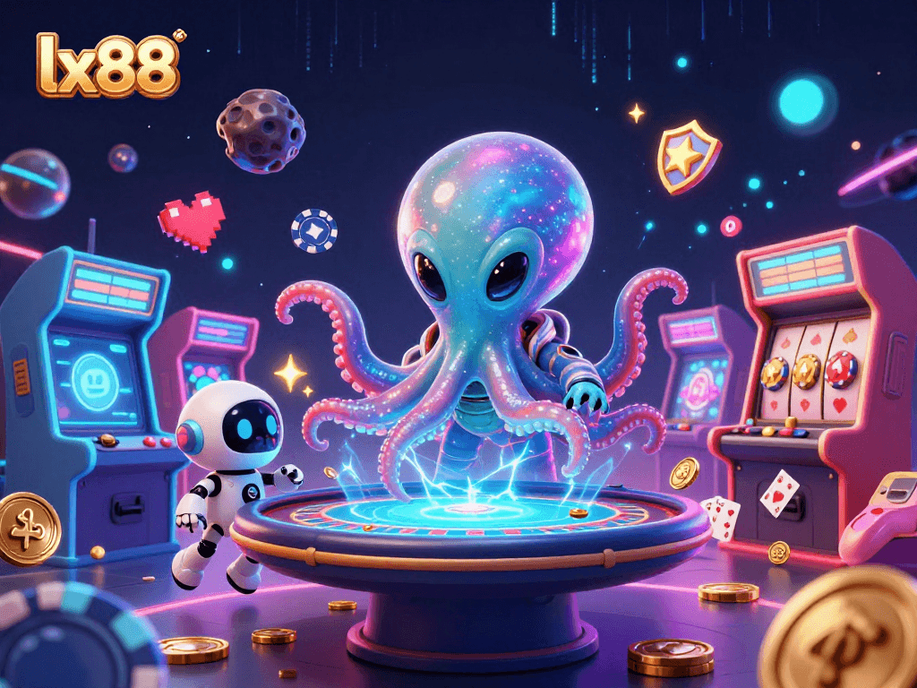 Experience thrilling gambling at lx88 with an alien octopus operating a holographic poker table amidst vibrant 3D casino elements.