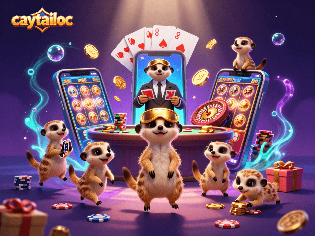 Engage with caytailoc's dynamic slots scene featuring animated meerkats and vibrant casino elements.