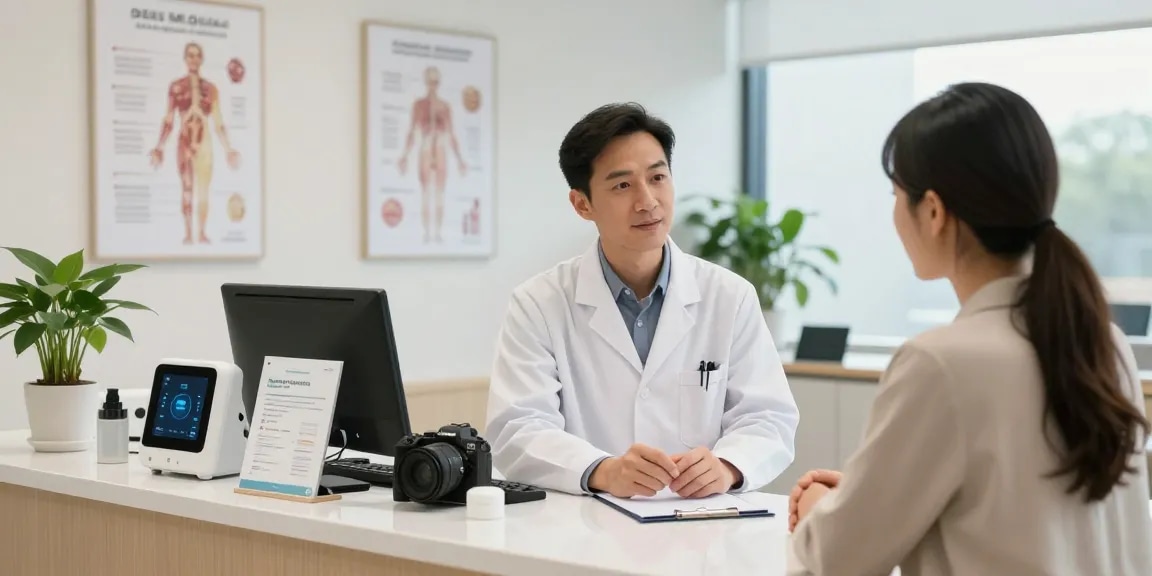 Deus Medical consulting in a modern clinic with healthcare professional and patient.