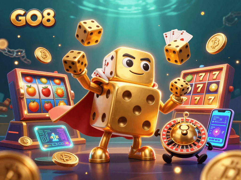 GO8 showcases stunning 3D casino elements, featuring dice, slot machines, and vibrant coins for immersive gameplay.