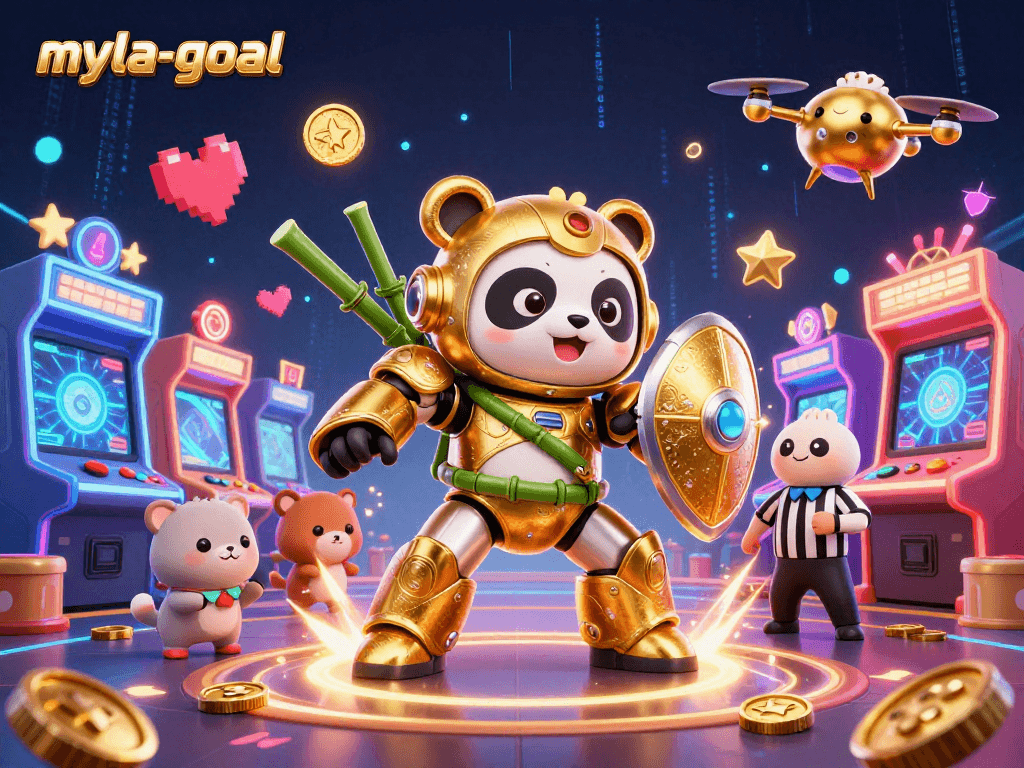 Engage with myla-goal's vibrant gaming universe through this intricate 3D illustration showcasing golden panda mechanics!