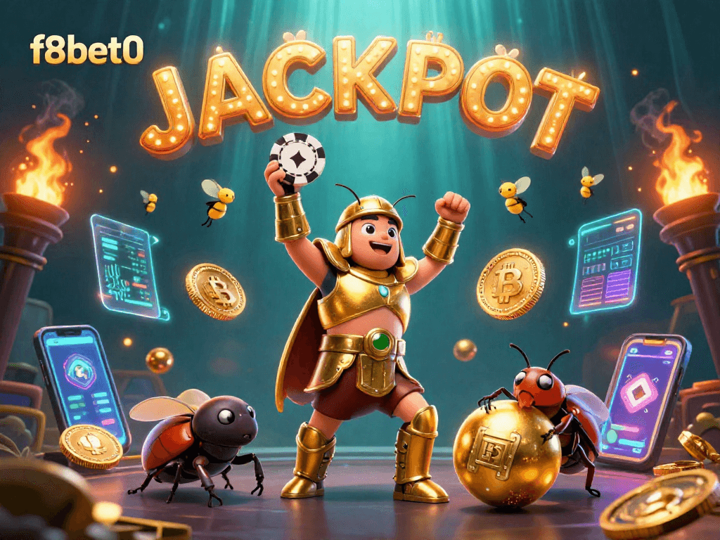 Experience the thrill of f8bet0 with a victorious beetle champion and glowing crypto elements in an action-packed scene.