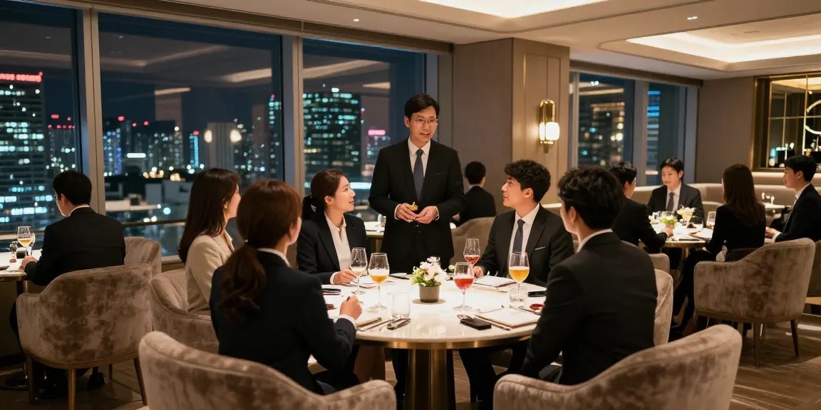 강남구구단에서 고급스러운 분위기의 비즈니스 모임을 즐기는 모습