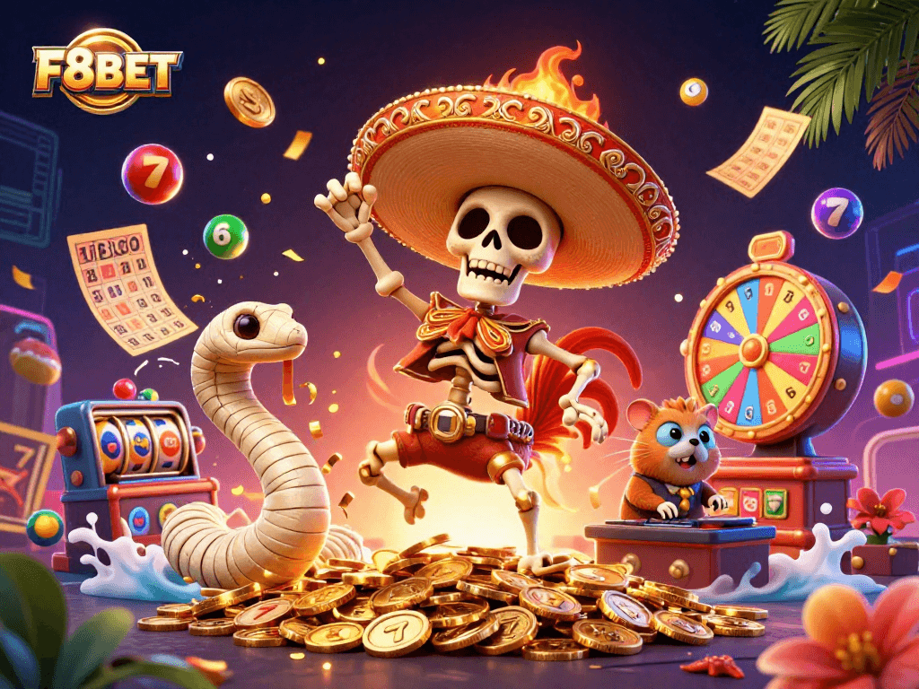 Experience thrilling games with F8BET's vibrant and engaging casino scene featuring dynamic characters.