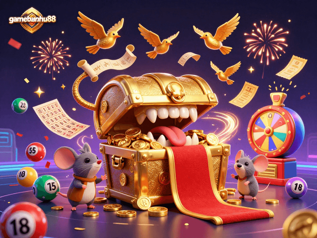 Join the excitement of gamebainohu88 with adventurous mice and a treasure chest surrounded by vibrant lottery elements.