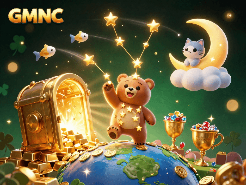 Experience GMNC's winning moments with a lively casino scene bursting with treasures and magic.
