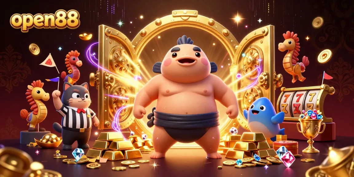 Open88 casino theme with animated characters and slot game elements in a vibrant underwater scene