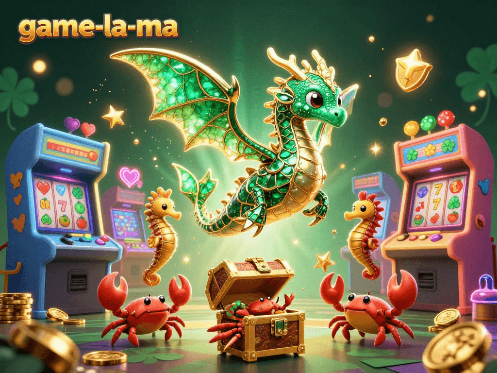 Experience the fun of game-la-ma with an immersive 3D casino scene filled with vibrant characters and slot elements.