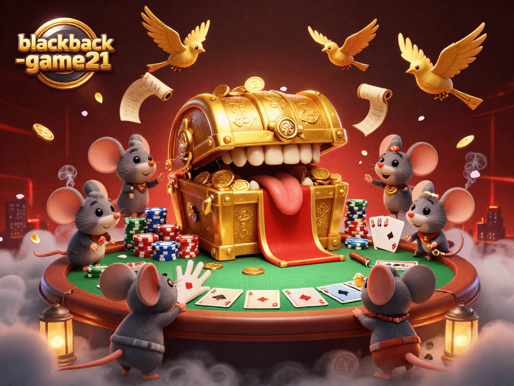 Engage in thrilling strategies on blackjack-game21 as animated characters highlight a vibrant casino scene.