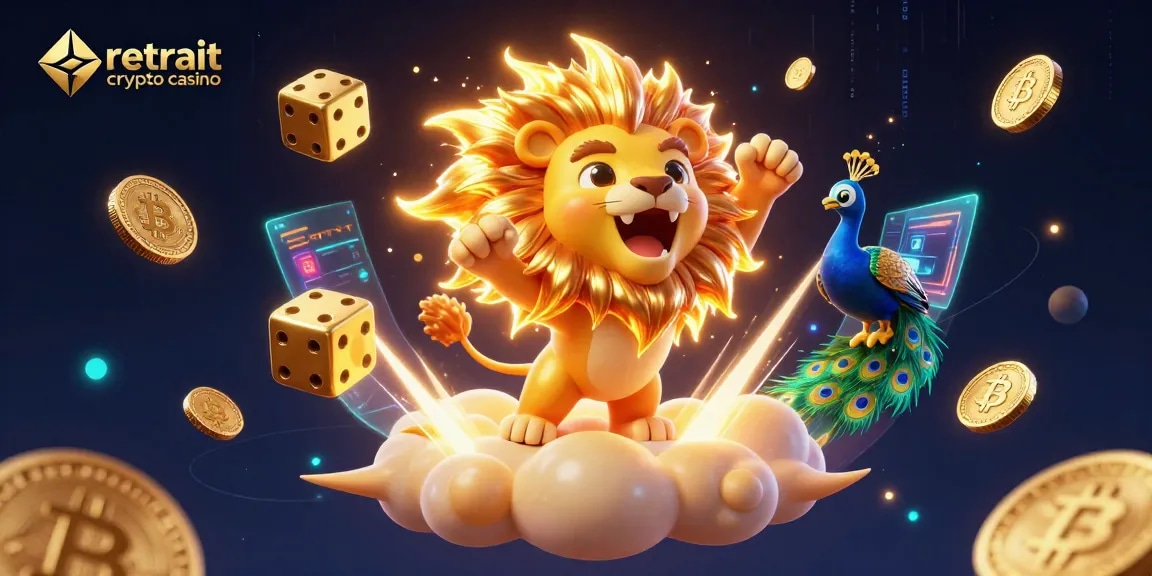 Retrait crypto casino : illustration dynamique d'un lion solaire entouré de crypto-monnaies et d'éléments de jeu