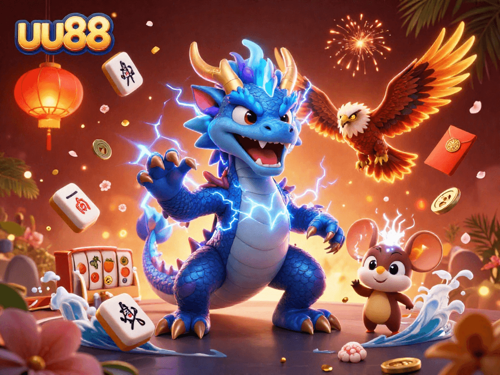 Experience the thrilling games at uu88, featuring dynamic dragon and hawk characters with vibrant casino elements.