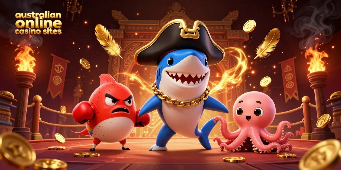 Engaging scene featuring an Australian online casino sites theme with lively characters like a shark and octopus.