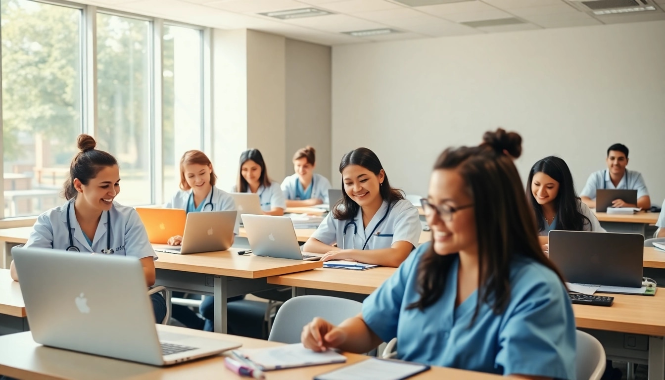 Group of nursing students in the Houston Trusted NClex review center studying collaboratively, focusing on NCLEX materials.