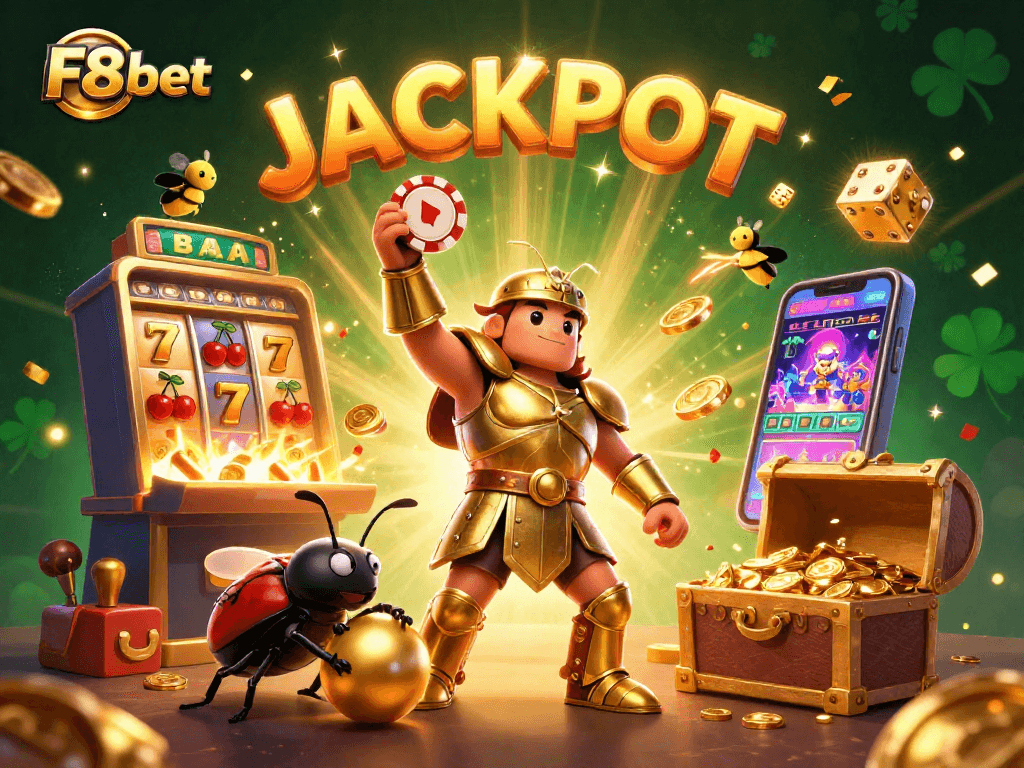 F8bet celebrates winnings with a 3D illustration featuring characters and casino elements in a dynamic jackpot scene