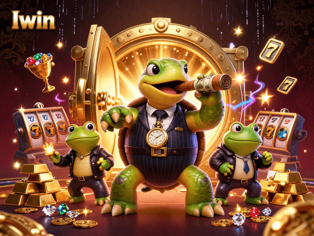 Iwin showcases a massive snapping turtle mobster and bullfrog enforcers amidst a dynamic casino scene.