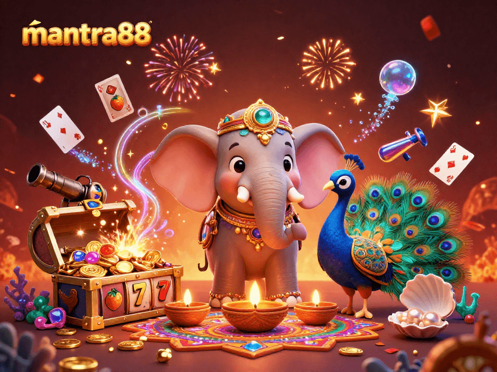 Experience mantra88 with a vibrant 3D casino illustration showcasing dynamic slot elements and festive decorations.