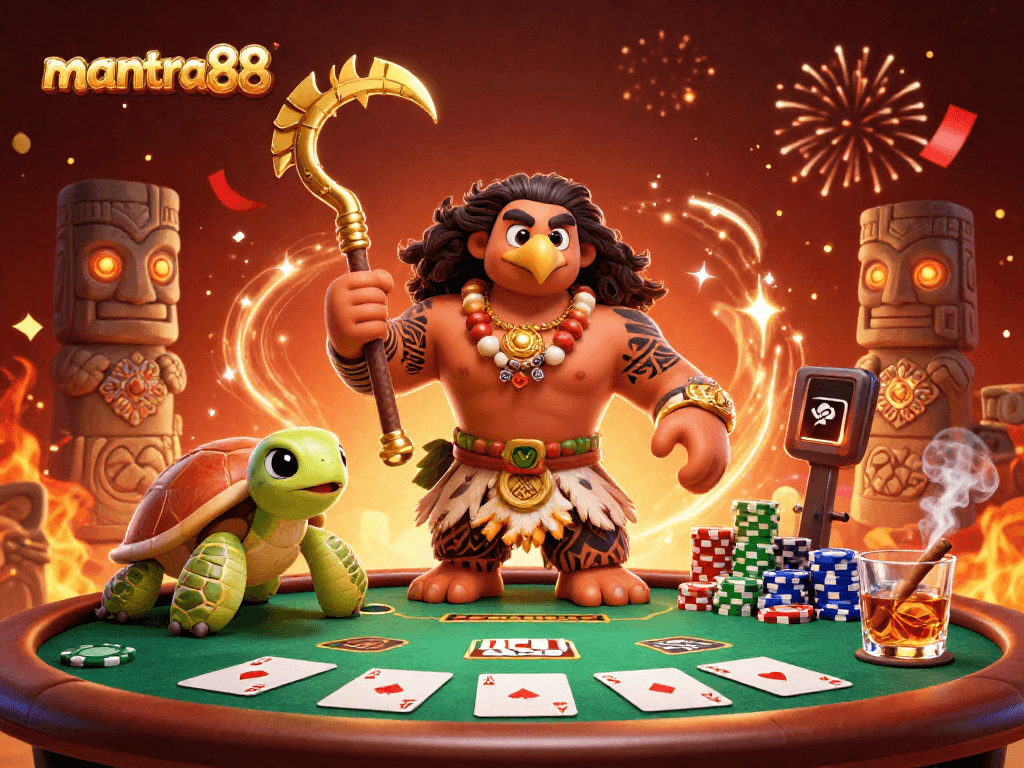 Experience mantra88's thrilling gaming action with a vibrant 3D casino scene featuring unique characters.