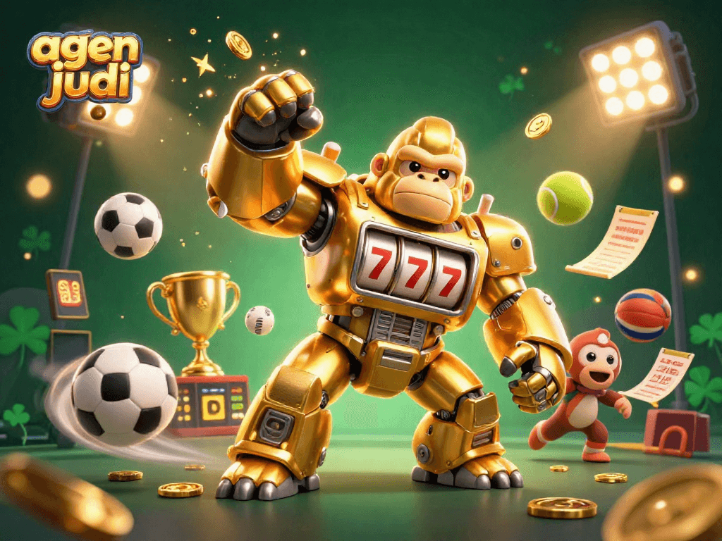 Engage in thrilling sports betting with agen judi bola, featuring dynamic 3D illustration of a golden mech.