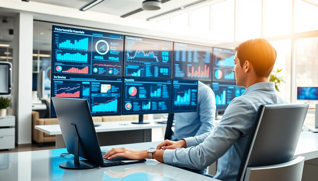 Cyber essentials assessor analyzing data on screens in a modern office.