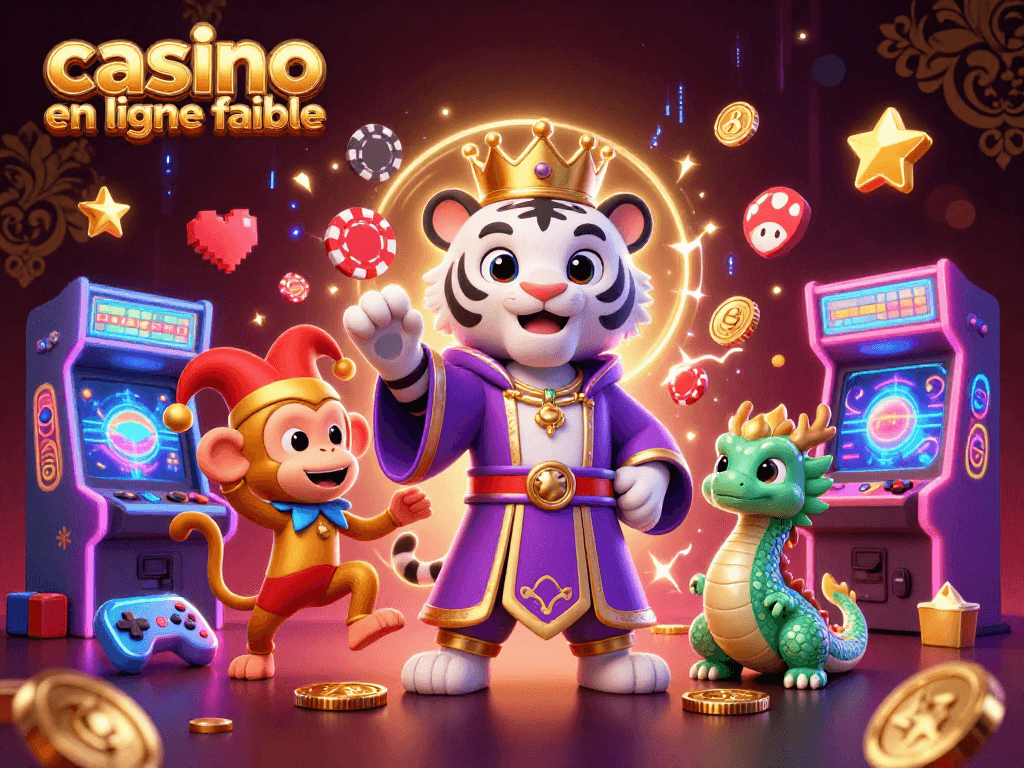 Plongez dans l'univers du casino en ligne fiable avec des personnages 3D captivants entourés de machines à jeux colorées.