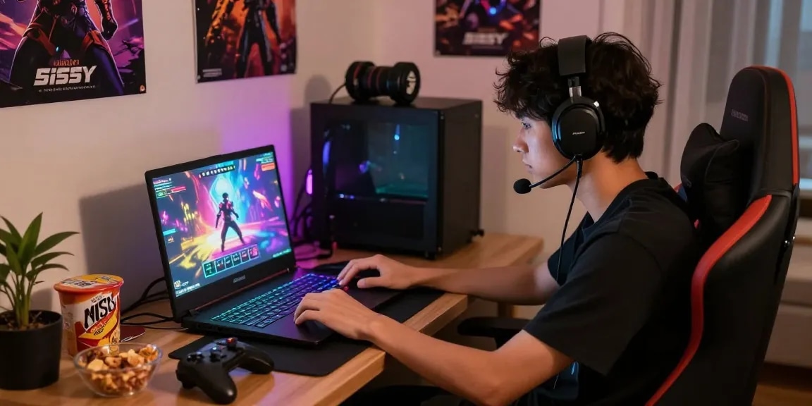 Engaged player immersed in a sissy porn game on a laptop in a cozy gaming setup with snacks and accessories.