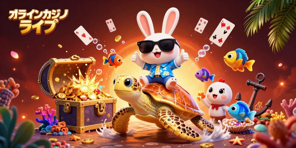 オンラインカジノ ライブで幸運を呼ぶウサギと金色のカメが楽しく遊んでいるイラスト