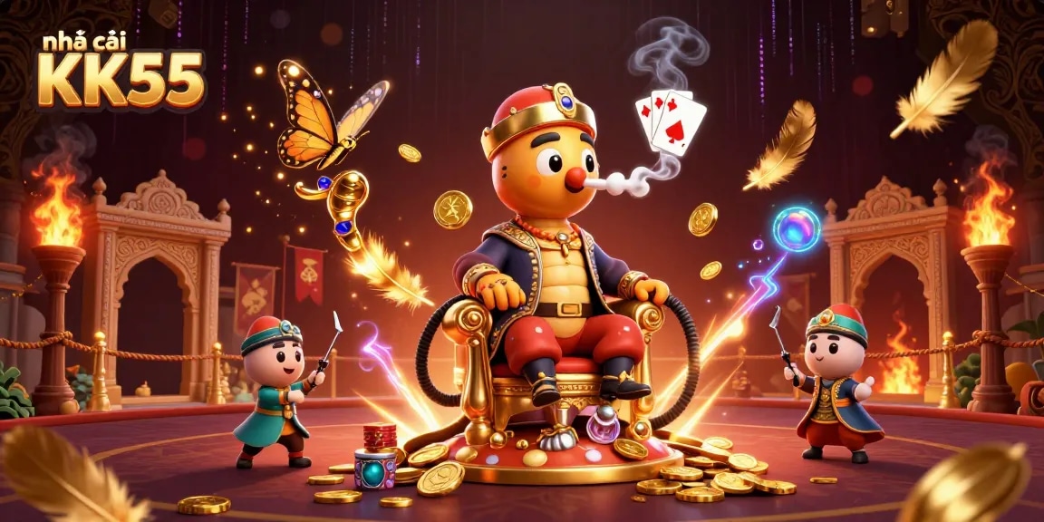 Experience the thrill of nhà cái KK55 with a vibrant 3D casino scene featuring a whimsical caterpillar hookah-master.