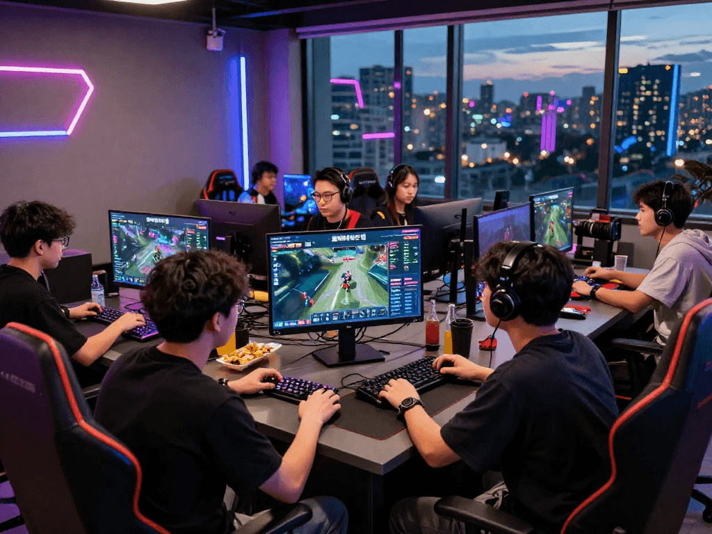 Excited group discussing 롤배팅 하는 법 strategies in a vibrant esports lounge