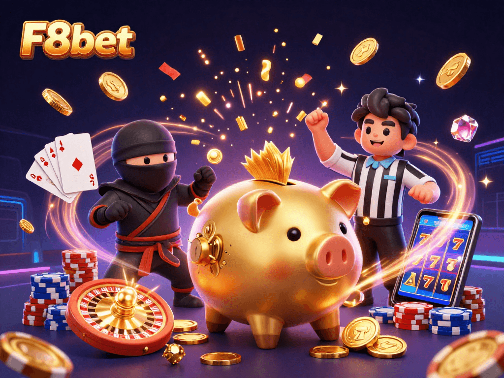 Spin winning reels at F8bet with a golden piggy bank, ninja, and samurai amidst cascading coins.
