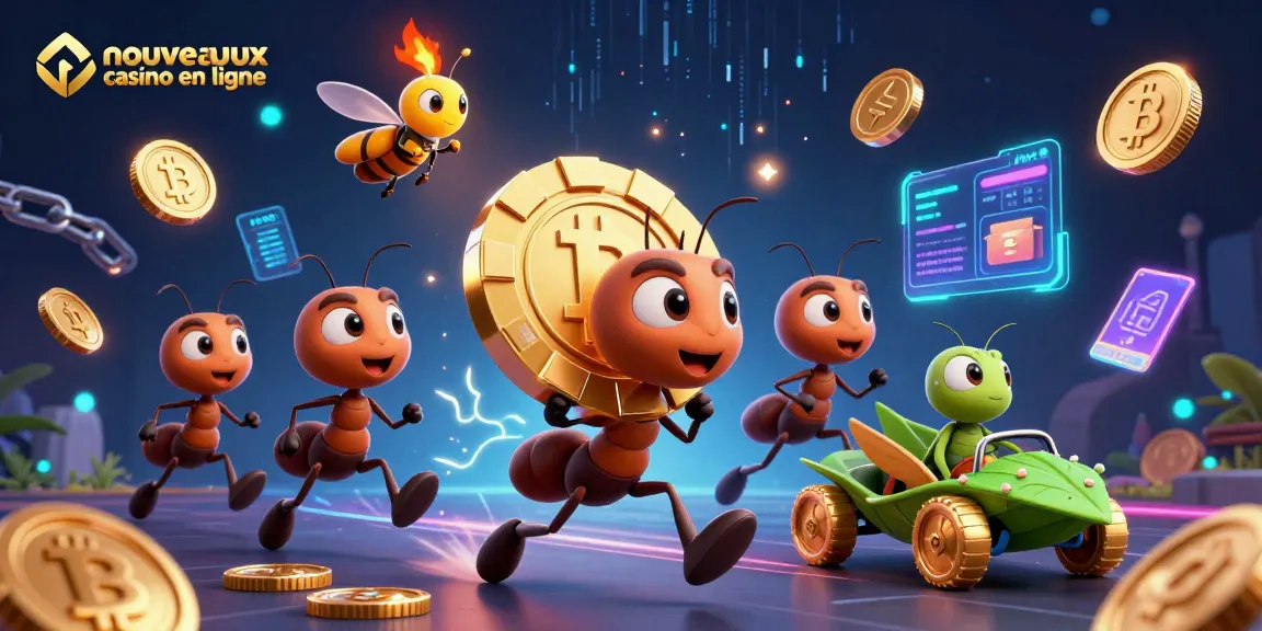 Visuel des nouveaux casinos en ligne avec des fourmis, des pièces de crypto et un jeton doré.