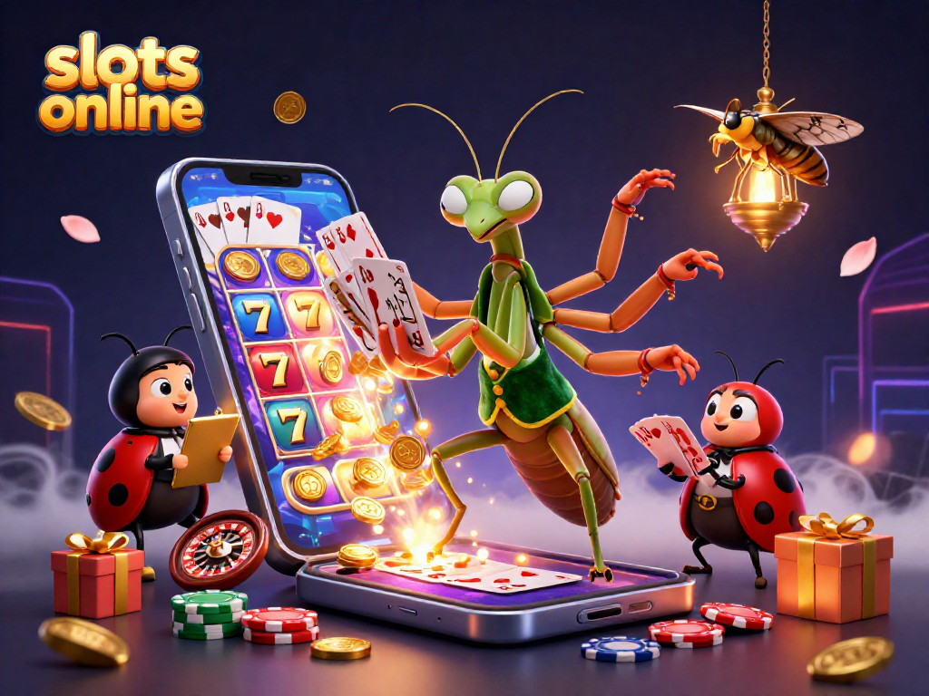 Experience thrilling slots online with a 3D mantis card sharp and ladybug pit boss amidst golden coins and colorful games.