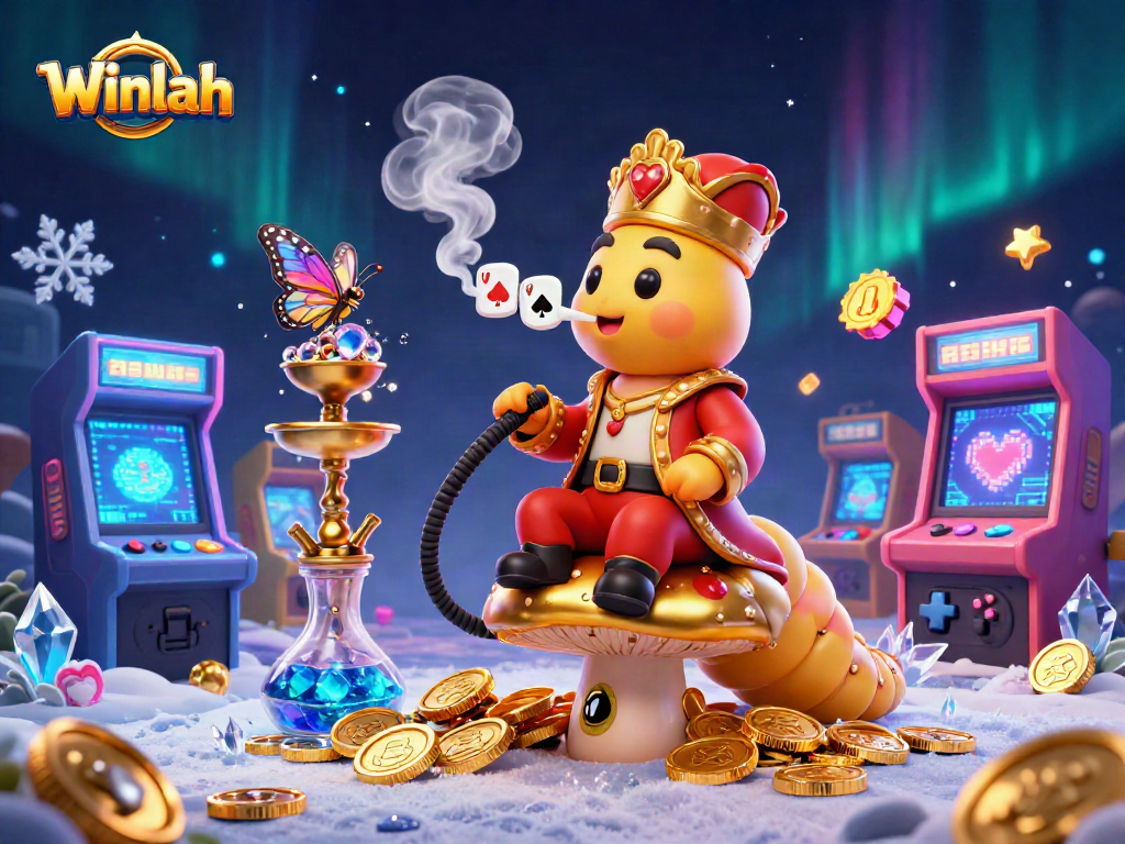 Winlah presents a lively scene with a caterpillar hookah-master and dynamic gaming elements.