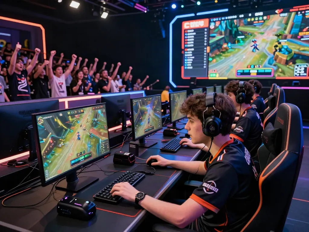 Pemain esports diana4d dalam arena modern dengan kerumunan dan suasana kompetitif.