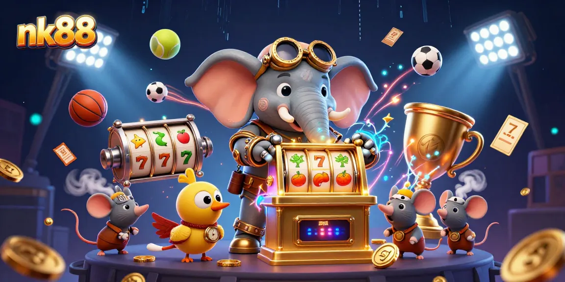Experience thrilling action with nk88's steampunk elephant engaging in dynamic gambling excitement!