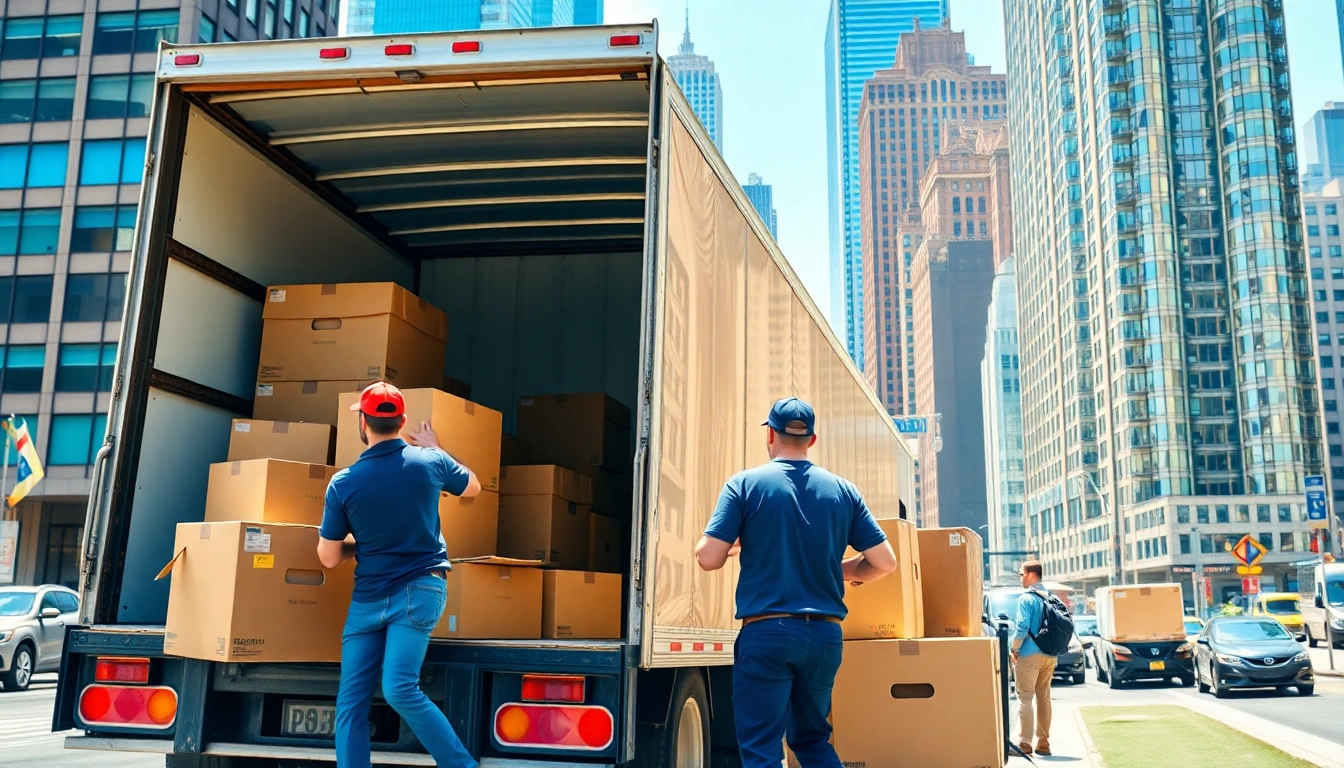 Expert residential movers nyc efficiently loading a moving truck in a vibrant urban setting