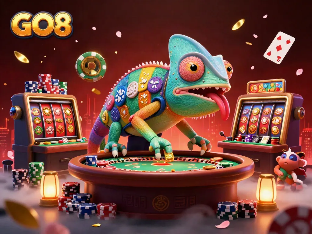 Engage with the vibrant GO8 casino scene featuring a chameleon owner and casino games in action.