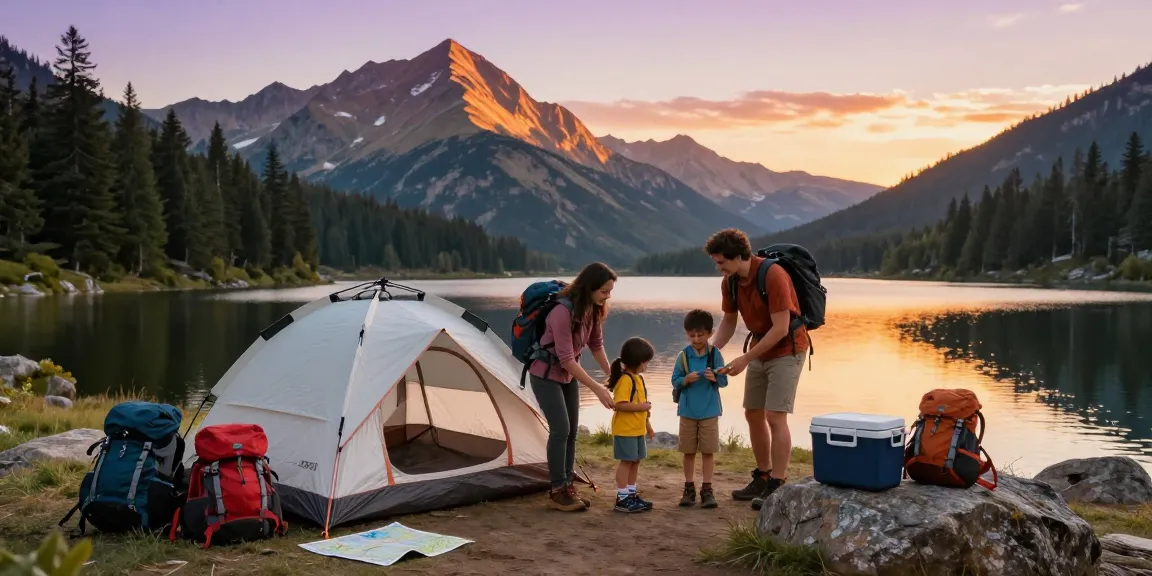Family enjoying a camping adventure with mantra88 in a beautiful mountain setting during sunset.